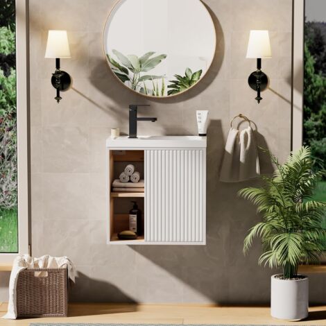 UEV – Meuble lave-mains mural 51 x 30,5 x 54 cm – Lavabo en résine anti-taches – Rangement caché et ouvert – Design moderne blanc