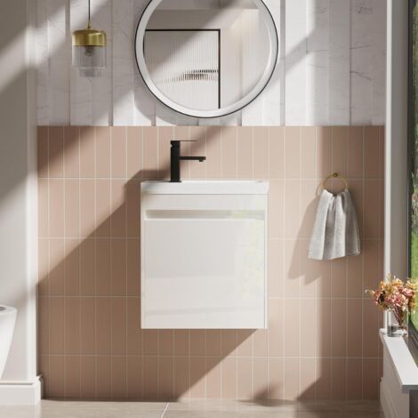 UEV Meuble de Salle de Bain Mural 51 cm, Meuble-Lavabo Suspendu avec Rangement, Lavabo en Résine, Robinet, Vidange Pop-UP, Tuyau d'échappement, 51 x 30,5 x 59 cm, Blanc