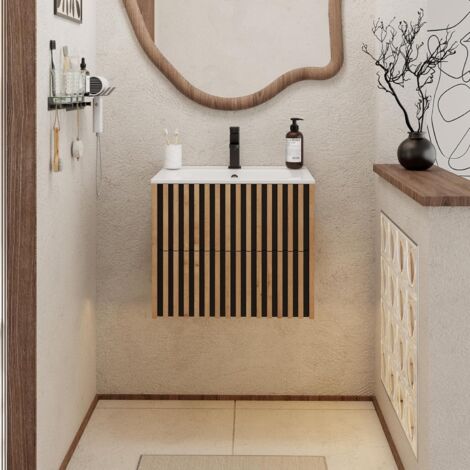 UEV Meuble Salle de Bain 60cm, Meuble Suspendu avec Lavabo en Céramique, Deux Tiroirs avec Grand Espace de Rangement, Poignée Cachée, Motif de Ligne, 60 x 45 x 50cm, Naturel
