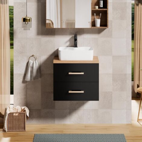 UEV Meuble sous Lavabo Suspendu 80,5cm, Meuble Salle de Bain avec Vasque à Poser, Lavabo en Céramique, Deux Tiroirs avec Grand Espace de Rangement, Poignée en Métal, 60,5 x 40,5 x 53,2cm, Noir