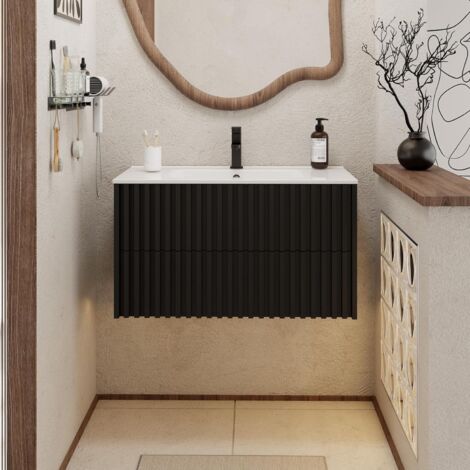 UEV Meuble Salle de Bain 90cm, Meuble Suspendu avec Lavabo en Céramique, Deux Tiroirs avec Grand Espace de Rangement, Poignée Cachée, Motif de Ligne, 90 x 45 x 50cm, Noir
