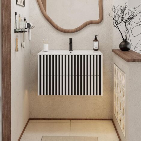 UEV Meuble Salle de Bain 80cm, Meuble Suspendu avec Lavabo en Céramique, Deux Tiroirs avec Grand Espace de Rangement, Poignée Cachée, Motif de Ligne, 80 x 45 x 50cm, Blanc