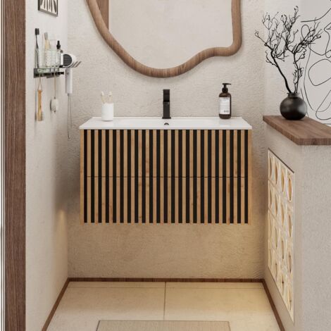 UEV Meuble Salle de Bain 90cm, Meuble Suspendu avec Lavabo en Céramique, Deux Tiroirs avec Grand Espace de Rangement, Poignée Cachée, Motif de Ligne, 90 x 45 x 50cm, Naturel