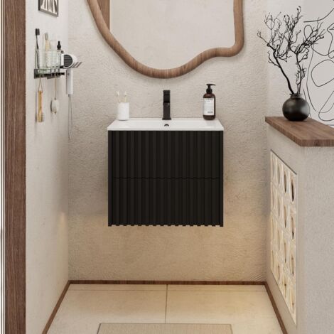 UEV Meuble Salle de Bain 60cm, Meuble Suspendu avec Lavabo en Céramique, Deux Tiroirs avec Grand Espace de Rangement, Poignée Cachée, Motif de Ligne, 60 x 45 x 50cm, Noir
