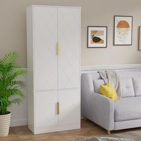 UEV – Armoire de rangement 4 portes – Buffet haut 60 x 30 x 150 cm – Étagères réglables – MDF blanc avec motif ligne et poignée dorée