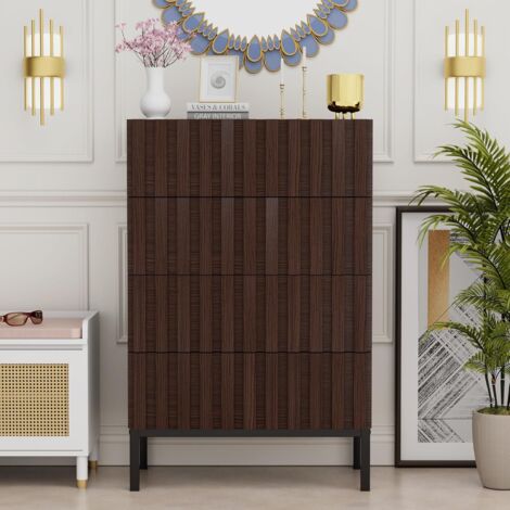 UEV Commode à 4 tiroirs, Commode Étroite avec Grand Espace de Rangement, Armoire avec Plafond Spacieux pour Salon, Chambre à Coucher, Pieds Métal, Motif de Ligne, 60 x 34,5 x 92 cm, Brun