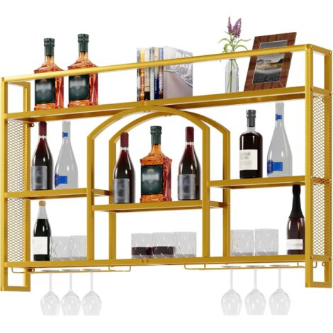 UEV Porte Bouteille Mural 140cm, Casier à Vin en Métal, Porte-Verre à Vin, avec Lumière LED de 15 Couleurs, Étagère de Rangement pour Vin, Style Industriel, pour Cuisine, Bar (Gold, 140x15x81cm)