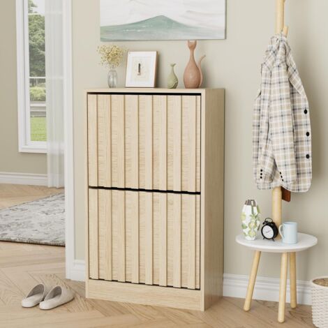 UEV Armoire à Chaussures avec 2 Abattants, Meuble à Chaussures Inclinable, Étagère Réglables et Amovibles, Motif en Ligne, pour Entrée, Couloir, Salon, 52 x 24 x 86,5 cm, Naturel