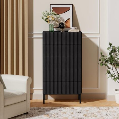 UEV Commode à 5 tiroirs 60cm, Commode Étroite avec Grand Espace de Rangement, Armoire avec Plafond Spacieux pour Salon, Chambre à Coucher, Pieds Métal, Motif de Ligne, 60 x 34 x 110 cm, Noir
