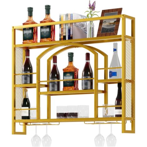 UEV Porte Bouteille Mural 100cm, Casier à Vin en Métal, Porte-Verre à Vin, avec Lumière LED de 15 Couleurs, Étagère de Rangement pour Vin, Style Industriel, pour Cuisine, Bar (Gold, 100x15x81cm)