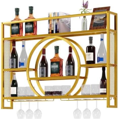 UEV Porte-Verre à Vin en Métal 120cm, Porte Bouteille Mural Industriel, Casier à Vin, avec Lumière LED de 15 Couleurs, Range Bouteille Vin, pour Salle à Manger, Cuisine, Bar (Gold, 118x15x80cm)