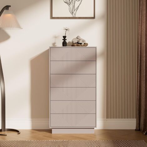 UEV Commode à 6 Tiroirs, Surface Motif Spécial Gravure avec Une Touche Soyeuse, Grand Espace Rangement, Tiroir à Ouverture par Poussée, pour Salon, Chambre, 60 x 33,5 x 111 cm, Cachemire