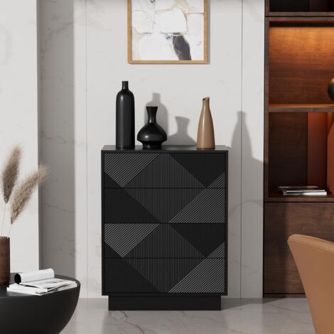 UEV Commode à 4 Tiroirs, Surface Motif Spécial Gravure avec Une Touche Soyeuse, Grand Espace Rangement, Tiroir à Ouverture par Poussée, pour Salon, Chambre, 60 x 33,5 x 77,5 cm, Noir