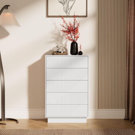 UEV Commode à 5 Tiroirs, Surface Motif Spécial Gravure avec Une Touche Soyeuse, Grand Espace Rangement, Tiroir à Ouverture par Poussée, pour Salon, Chambre, 60 x 33,5 x 94 cm, Blanc