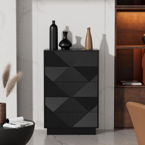 UEV Commode à 5 Tiroirs, Surface Motif Spécial Gravure avec Une Touche Soyeuse, Grand Espace Rangement, Tiroir à Ouverture par Poussée, pour Salon, Chambre, 60 x 33,5 x 94 cm, Noir