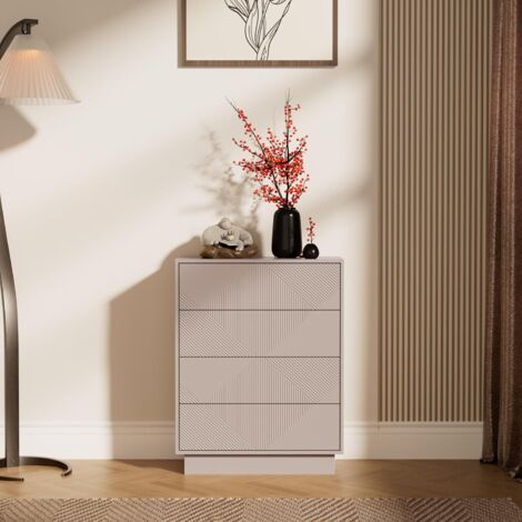 UEV Commode à 4 Tiroirs, Surface Motif Spécial Gravure avec Une Touche Soyeuse, Grand Espace Rangement, Tiroir à Ouverture par Poussée, pour Salon, Chambre, 60 x 33,5 x 77,5 cm, Cachemire