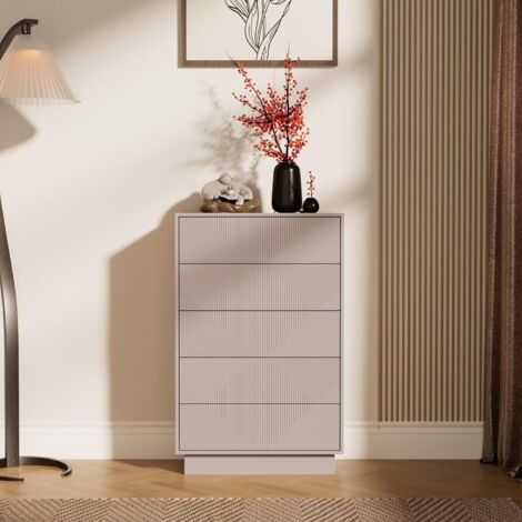 UEV Commode à 5 Tiroirs, Surface Motif Spécial Gravure avec Une Touche Soyeuse, Grand Espace Rangement, Tiroir à Ouverture par Poussée, pour Salon, Chambre, 60 x 33,5 x 94 cm, Cachemire