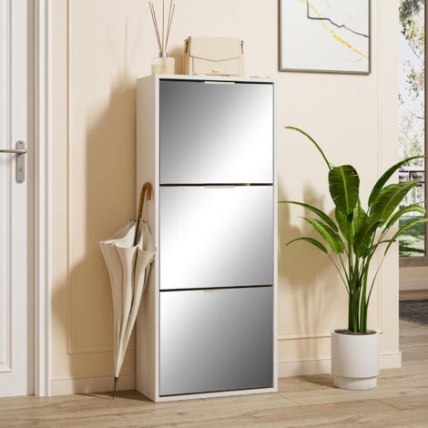UEV Armoire à Chaussures avec Miroir, Étagère à Chaussures avec 3 Compartiments, Meuble de Rangement pour Chaussures, Étagère Réglable et Amovible, pour Couloir, Entrée, 50 x 23 x 121,5 cm, Blanc (1/5)