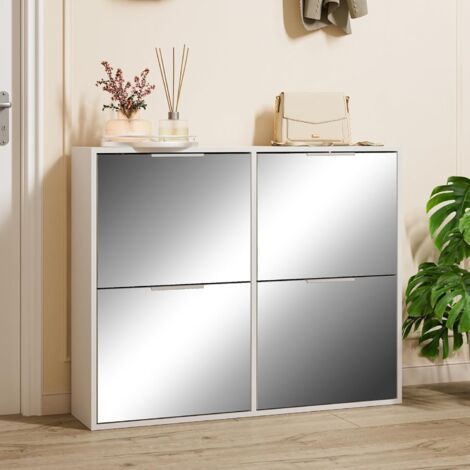 UEV Armoire à Chaussures avec Miroir, Étagère à Chaussures avec 4 Compartiments, Meuble de Rangement pour Chaussures, Étagère Réglable et Amovible, pour Couloir, Entrée, 100 x 23 x 80,5 cm, Blanc