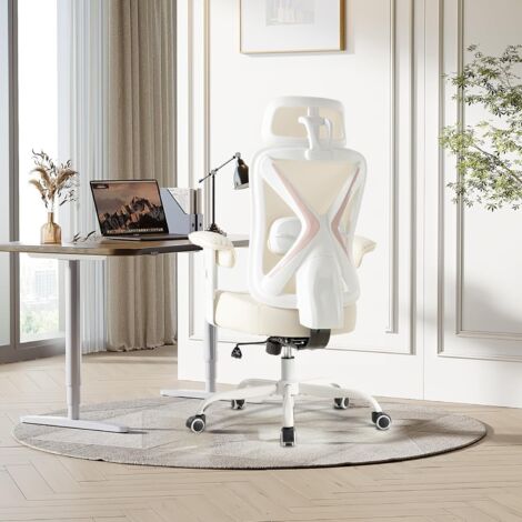 UEV Chaise de Bureau Ergonomique, avec Appui-Tête et Support Lombaire Réglables, Accoudoirs Rembourrés, Siège Élastique Épais de 13,5cm, Capacité de Poids jusqu'à 220kg, en Maille Respirant, Beige (1/5)