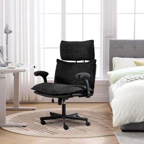 UEV Chaise de Loisirs, Fauteuil Pivotant en Peluche, avec Appui-Tête, Siège Extra-Large de 68 cm, Coussin Double Couche, Accoudoir Rabattable à 90°, Fonction de Balancement, Capacité 150 kg, Noir