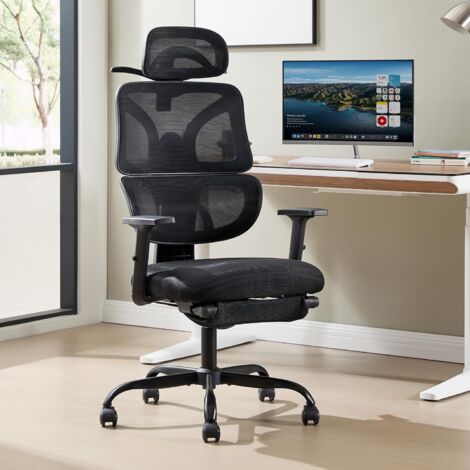UEV Chaise de Bureau Ergonomique, Fauteuil avec Appui-Tête Réglables, Repose-Pieds Rétractable, Capacité de Poids jusqu'à 150kg, Inclinable de 90° à 135°, en Maille Respirant, Noir