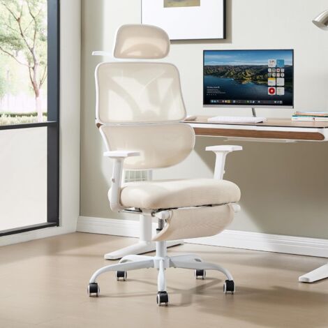 UEV Chaise de Bureau Ergonomique, Fauteuil avec Appui-Tête Réglables, Repose-Pieds Rétractable, Capacité de Poids jusqu'à 150kg, Inclinable de 90° à 135°, en Maille Respirant, Beige