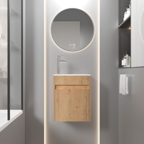 UEV Meuble de Salle de Bain Mural 41 cm, Meuble-Lavabo Suspendu avec Rangement, Lavabo en Résine, Robinet Chromé, 41 x 25 x 50 cm, Naturel