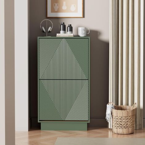 UEV Meuble à Chaussures Ultra-Mince à 2 Abattants, Armoire à Chaussures Design Rétro Vert avec Motifs Linéaires, Rangement Gain de Place pour Entrée et Couloir Étroit, 50 x 24x 91cm, Vert