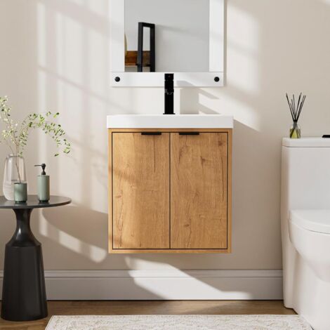 UEV Meuble de Salle de Bain Suspendu avec Vasque - Armoire sous-Lavabo 2 Portes Finition Bois - Gain de Place & Entretien Facile, Idéal pour Petites Salles de Bain et WC 50 x 38 x 55 cm, Naturel