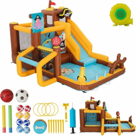 UEV 8 en 1 Château Gonflable pour Enfants XXL, avec Souffleur 450W, Parc Aquatique avec Zone de Saut, Toboggan, Jeu de Cerceaux, Balles Velcro, 394 x 326 x 243 cm