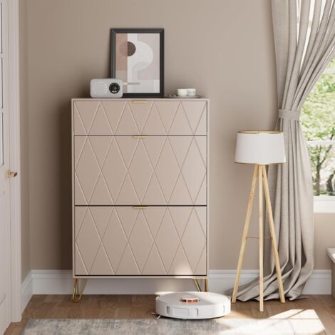 UEV Armoire à Chaussure Inclinable, Meuble à Chaussures pour 16 Paires, 3 Compartiments (2 Rangements Chaussure+1 Étagère Caché) (80 x 24 x 120 cm, Cachemire)