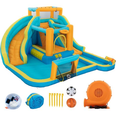 UEV Château Gonflable 7 en 1, Parc Aquatique avec Double Toboggans, Slip & Slide, Pataugeoire, Mur d'escalade, Panier de Basket-Ball/But Football, Souffleur 580w, 457x 373 x 218 cm