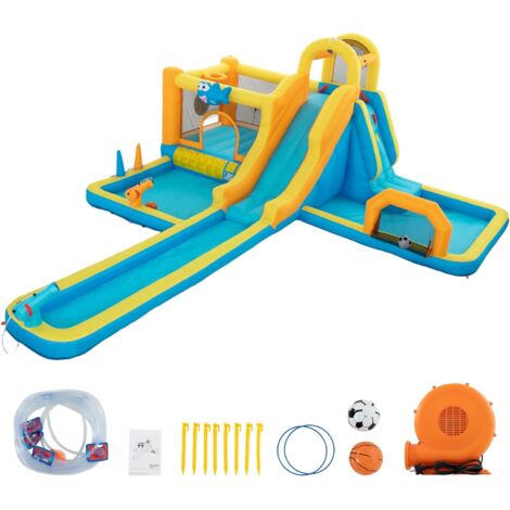 UEV 9 en 1 Château Gonflable pour Enfants XXL, avec Souffleur 580W, Parc Aquatique avec Toboggan Extra-Long, Deux Murs d'escalade, Zone de Saut, Toboggan, Jeu de Lancer, 590 x 502 x 220 cm
