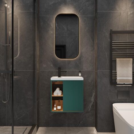UEV Meuble Lave-Mains Mural, Meuble Lavabo Suspendu, Lavabo en Résine, Espace de Rangement Caché/Ouvert, Motif de Ligne, 51 x 30,5 x 54 cm, Vert Foncé