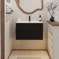 UEV Meuble Salle de Bain 80cm, Meuble Suspendu avec Lavabo en Céramique, Deux Tiroirs avec Grand Espace de Rangement, Poignée Cachée, Motif de Ligne, 80 x 45 x 50cm, Noir