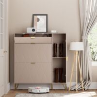 UEV Armoire à Chaussure Inclinable, Meuble à Chaussure pour 16 Paires de Chaussure, Rangement Chaussure, Etagère Caché et Cabinet Botte sur Côté (Cachemire)