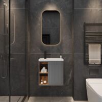 UEV Meuble Lave-Mains Mural, Meuble Lavabo Suspendu, Lavabo en Résine, Espace de Rangement Caché/Ouvert, Motif de Ligne, 51 x 30,5 x 54 cm, Gris Foncé