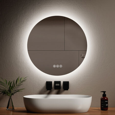 EMKE Espejos de baño redondo con retroiluminación LED, Interruptor táctil Antivaho Regulable - Diámetro 60cm Luz Blanca fría/Cálida/Neutra