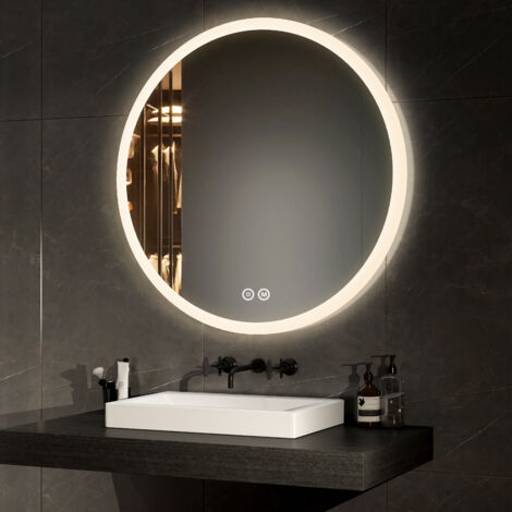 EMKE Espejo de baño redondo LED con interruptor táctil, antivaho, 3 colores, regulable, función memoria, diámetro 80 cm