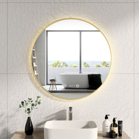 EMKE Espejo de baño LED con interruptor táctil, antivaho, reloj, temperatura, regulable, función de memoria, luz neutra, diámetro 80 cm, marco de cobre