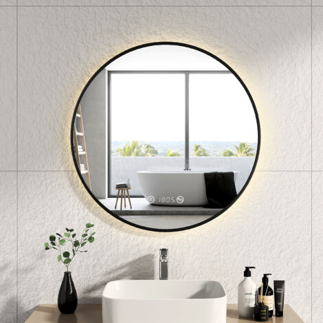 EMKE Espejo de baño LED con interruptor táctil, antivaho, reloj, temperatura, regulable, función de memoria, luz neutra, diámetro 80 cm, marco negro
