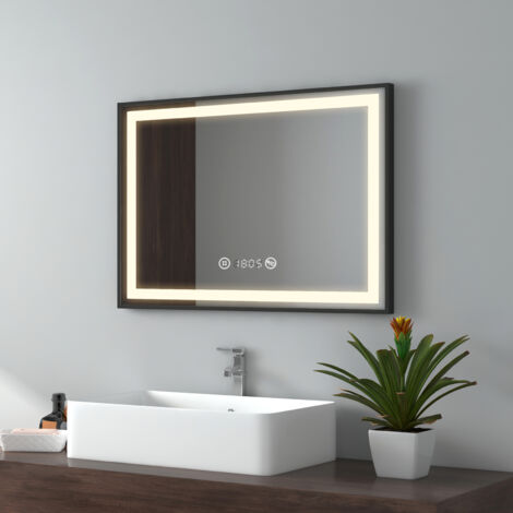 EMKE Espejo de baño LED marco negro con interruptor táctil, antivaho, reloj, temperatura, regulable, función de memoria, luz neutra, 70x50cm