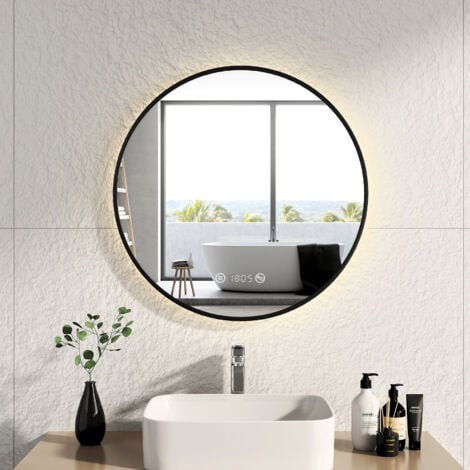 EMKE Espejo de baño LED con interruptor táctil, antivaho, reloj, temperatura, regulable, función de memoria, luz neutra, diámetro 70 cm, marco negro