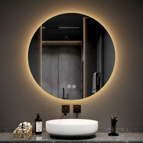 EMKE Espejo de baño LED redondo con interruptores táctiles retroiluminados sin marco - diámetro 80 cm Luz blanca fría/cálida/neutra