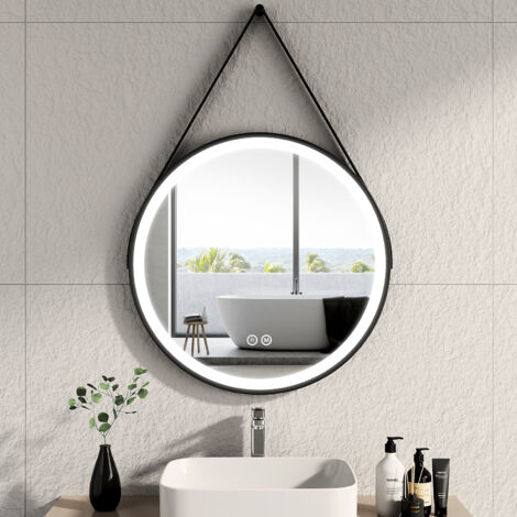 EMKE Espejo de Baño Redondo LED Marco Negro con Correa Ajustable Interruptor Táctil - Diámetro 70 cm Luz blanca fría/cálida/neutra