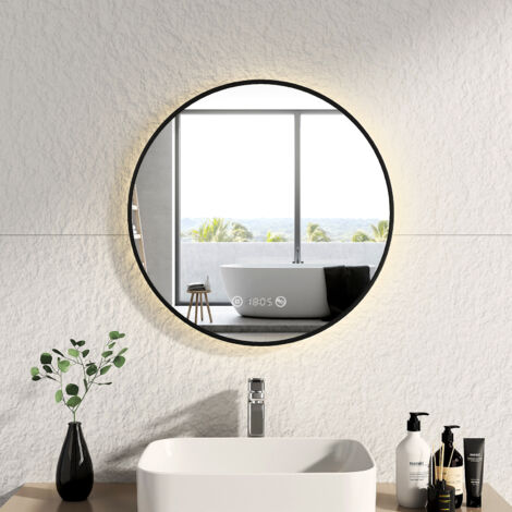 EMKE Espejo de baño LED con interruptor táctil, antivaho, reloj, temperatura, regulable, función de memoria, luz neutra, diámetro 60 cm, marco negro