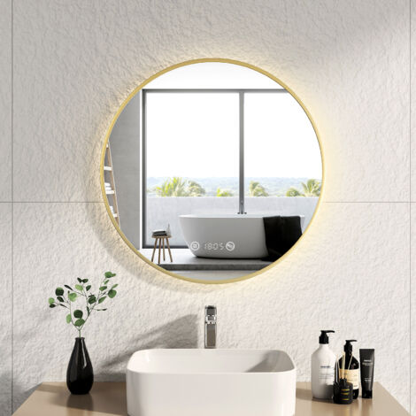 EMKE Espejo de baño LED con interruptor táctil, antivaho, reloj, temperatura, regulable, función de memoria, luz neutra, diámetro 70 cm, marco de cobre