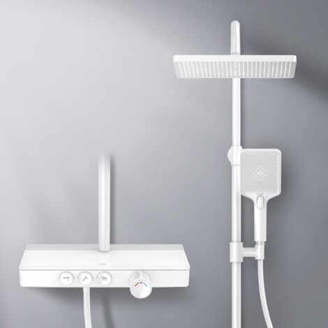 EMKE Columna de ducha termostática, 3 rociadores, teleducha, ducha de lluvia, caño, de pared, certificado KTW, Blanco