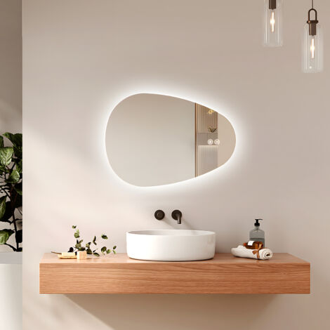 EMKE Espejo de baño iluminado con retroiluminación, espejo de baño asimétrico, antivaho, interruptor táctil, 3 colores de luz regulables, 70 x 50 cm